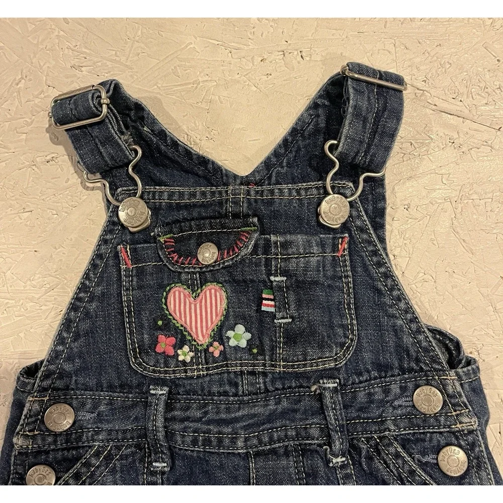 VINTAGE BABY GAP Girls Y2K Embroidered Denim‎ Overalls 6–12M Floral Cottagecore